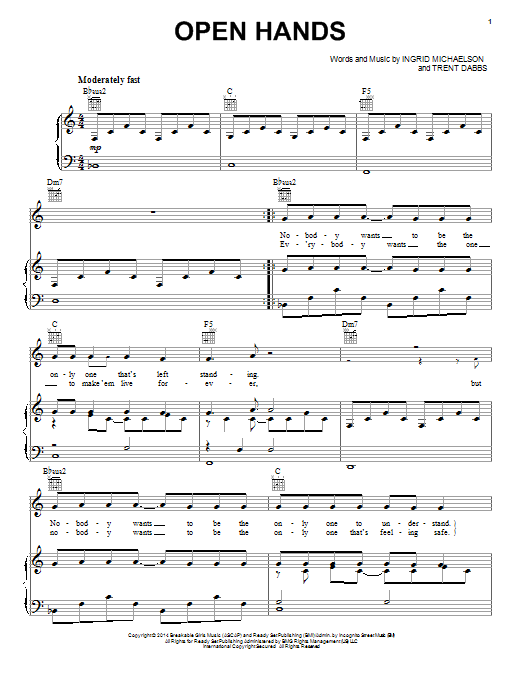 Ingrid Michaelson Open Hands Sheet Music Notes & Chords for Piano, Vocal & Guitar (Right-Hand Melody) - Download or Print PDF