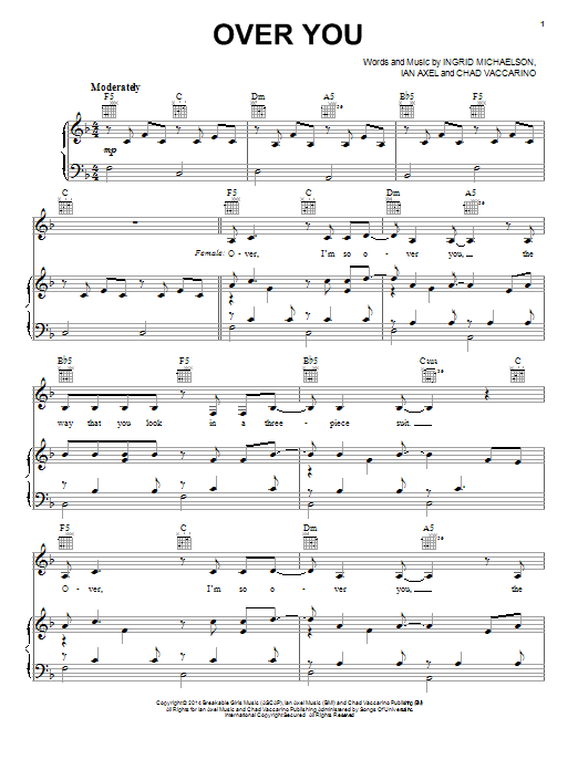 Ingrid Michaelson Over You Sheet Music Notes & Chords for Piano, Vocal & Guitar (Right-Hand Melody) - Download or Print PDF