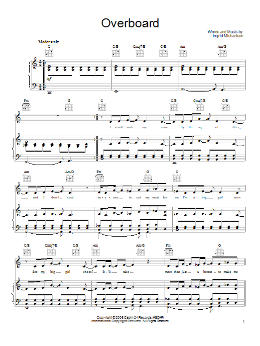 Ingrid Michaelson Overboard Sheet Music Notes & Chords for Piano, Vocal & Guitar (Right-Hand Melody) - Download or Print PDF