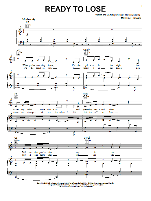 Ingrid Michaelson Ready To Lose Sheet Music Notes & Chords for Piano, Vocal & Guitar (Right-Hand Melody) - Download or Print PDF