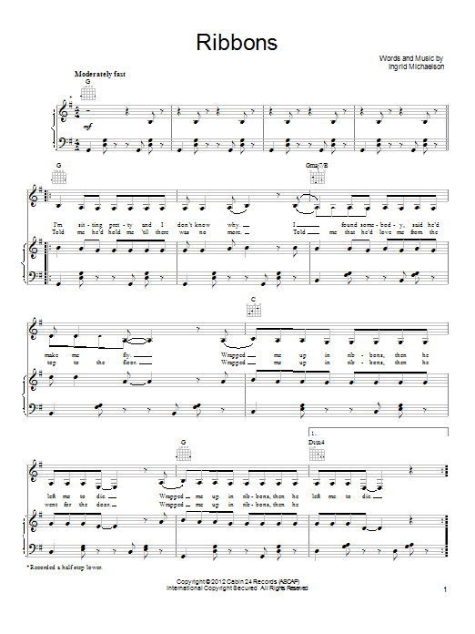 Ingrid Michaelson Ribbons Sheet Music Notes & Chords for Piano, Vocal & Guitar (Right-Hand Melody) - Download or Print PDF