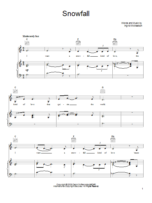 Ingrid Michaelson Snowfall Sheet Music Notes & Chords for Piano, Vocal & Guitar (Right-Hand Melody) - Download or Print PDF
