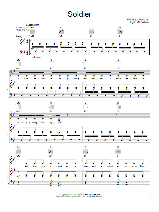 Ingrid Michaelson Soldier Sheet Music Notes & Chords for Piano, Vocal & Guitar (Right-Hand Melody) - Download or Print PDF