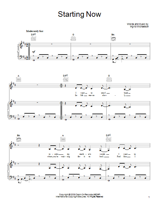 Ingrid Michaelson Starting Now Sheet Music Notes & Chords for Piano, Vocal & Guitar (Right-Hand Melody) - Download or Print PDF