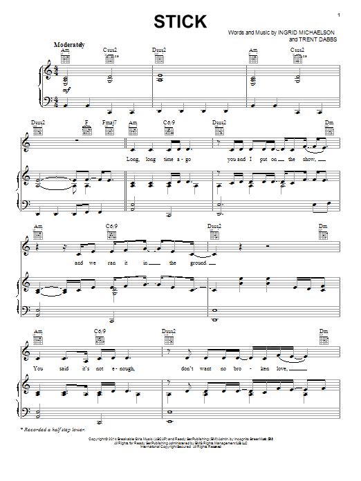 Ingrid Michaelson Stick Sheet Music Notes & Chords for Piano, Vocal & Guitar (Right-Hand Melody) - Download or Print PDF