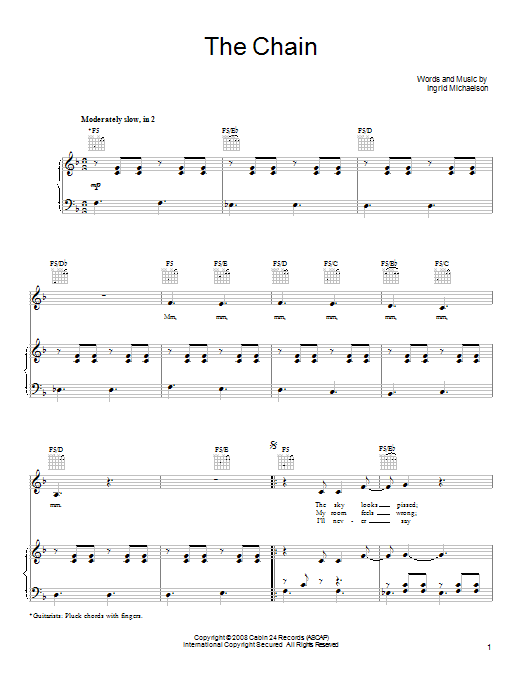 Ingrid Michaelson The Chain Sheet Music Notes & Chords for Piano, Vocal & Guitar (Right-Hand Melody) - Download or Print PDF