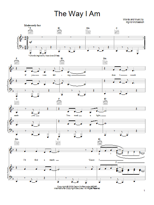 Ingrid Michaelson The Way I Am Sheet Music Notes & Chords for Lyrics & Chords - Download or Print PDF