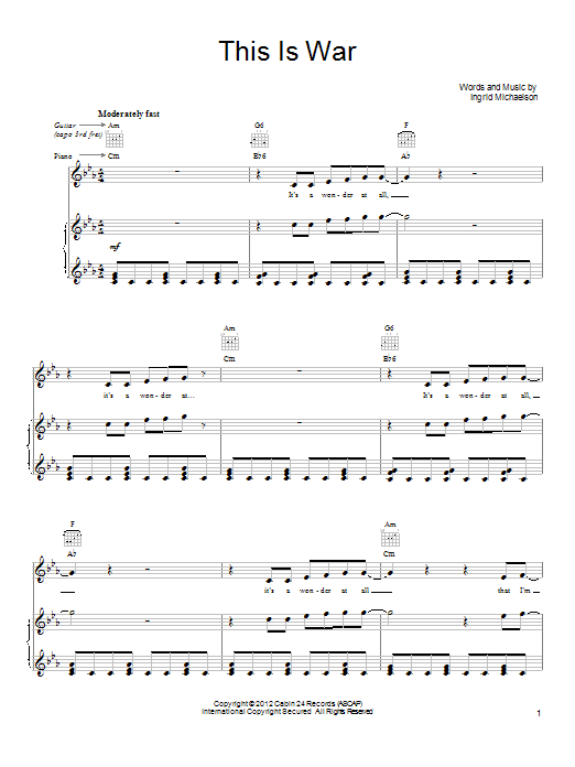 Ingrid Michaelson This Is War Sheet Music Notes & Chords for Piano, Vocal & Guitar (Right-Hand Melody) - Download or Print PDF