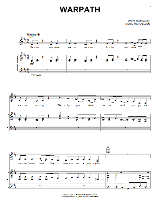 Ingrid Michaelson Warpath Sheet Music Notes & Chords for Piano, Vocal & Guitar (Right-Hand Melody) - Download or Print PDF