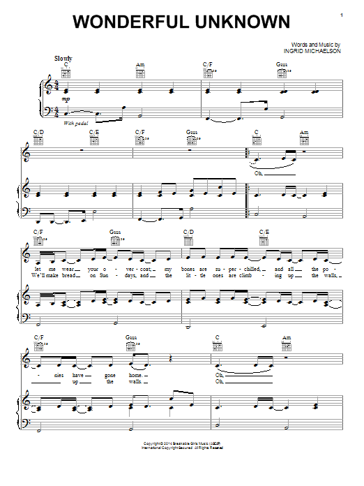 Ingrid Michaelson Wonderful Unknown Sheet Music Notes & Chords for Piano, Vocal & Guitar (Right-Hand Melody) - Download or Print PDF