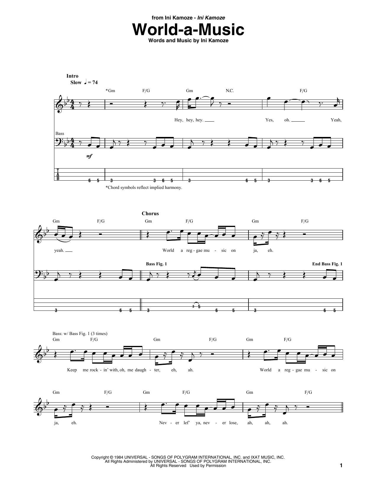 Ini Kamoze World-A-Music Sheet Music Notes & Chords for Bass Guitar Tab - Download or Print PDF