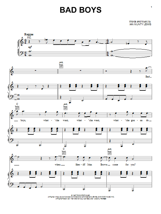 Inner Circle Bad Boys Sheet Music Notes & Chords for Piano, Vocal & Guitar (Right-Hand Melody) - Download or Print PDF
