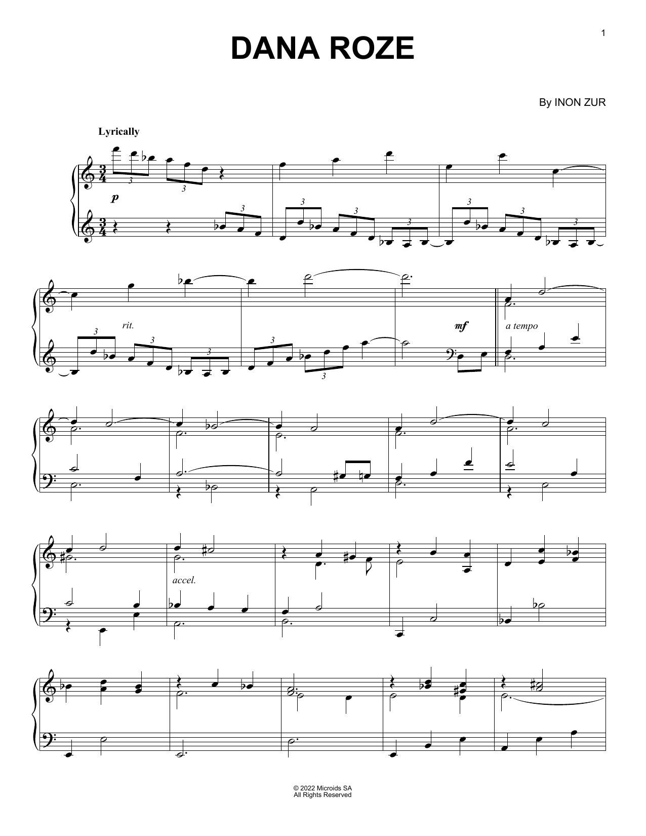Inon Zur Dana Roze (from Syberia: The World Before) Sheet Music Notes & Chords for Piano Solo - Download or Print PDF