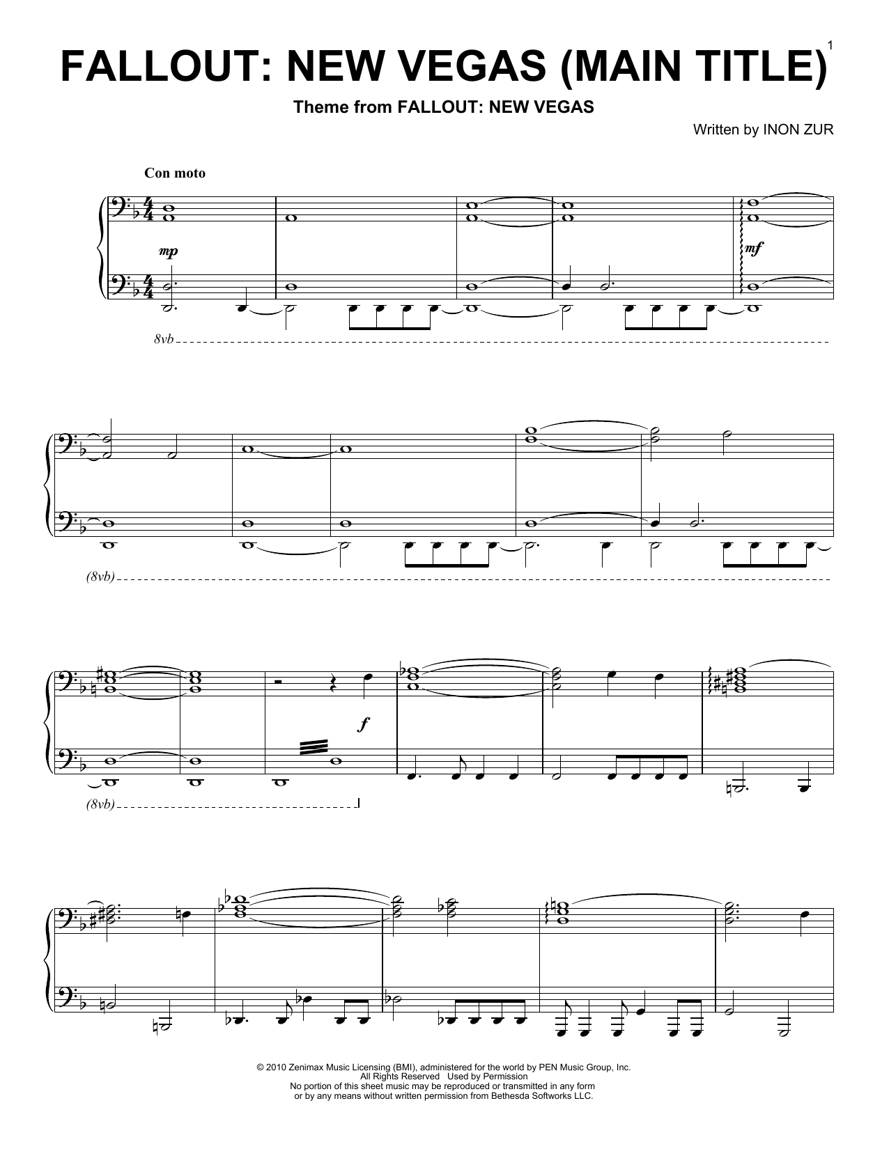 Inon Zur Fallout New Vegas (Main Title) Sheet Music Notes & Chords for Piano Solo - Download or Print PDF