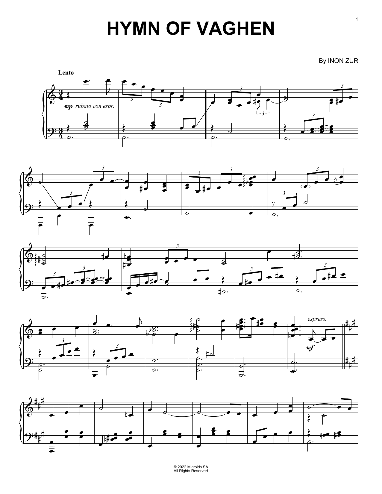 Inon Zur Hymn Of Vaghen (from Syberia: The World Before) Sheet Music Notes & Chords for Piano Solo - Download or Print PDF