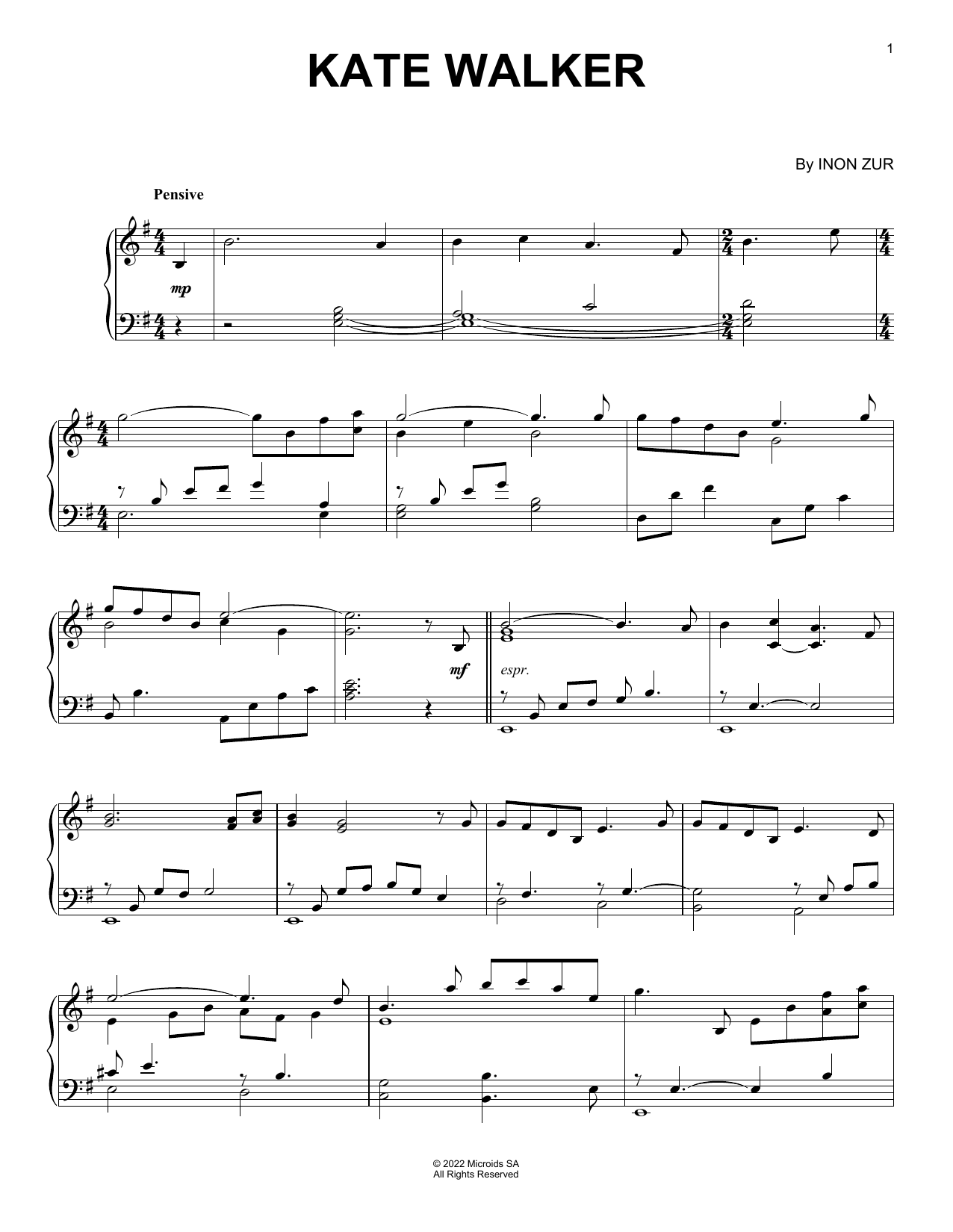 Inon Zur Kate Walker (from Syberia: The World Before) Sheet Music Notes & Chords for Piano Solo - Download or Print PDF