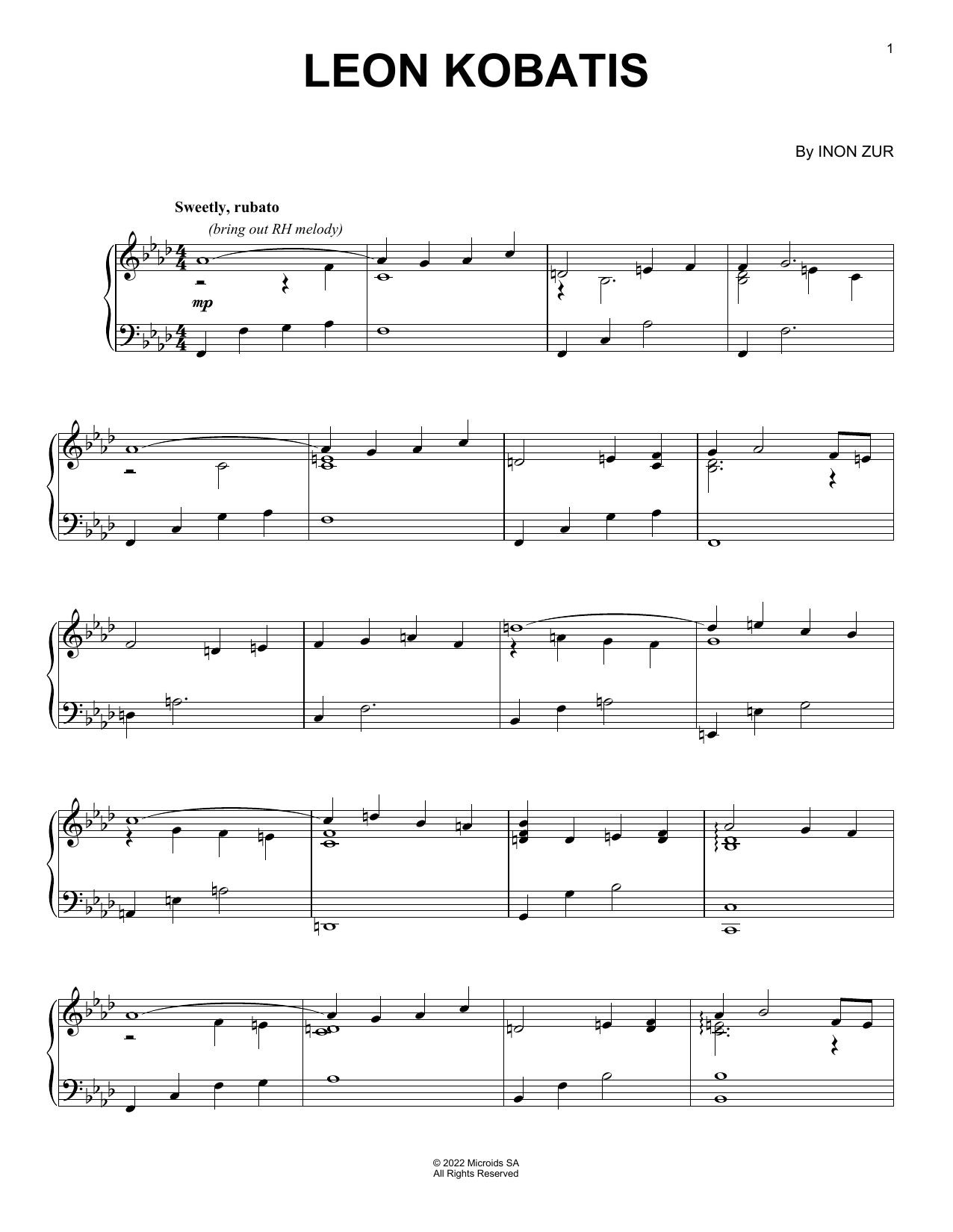 Inon Zur Leon Kobatis (from Syberia: The World Before) Sheet Music Notes & Chords for Piano Solo - Download or Print PDF