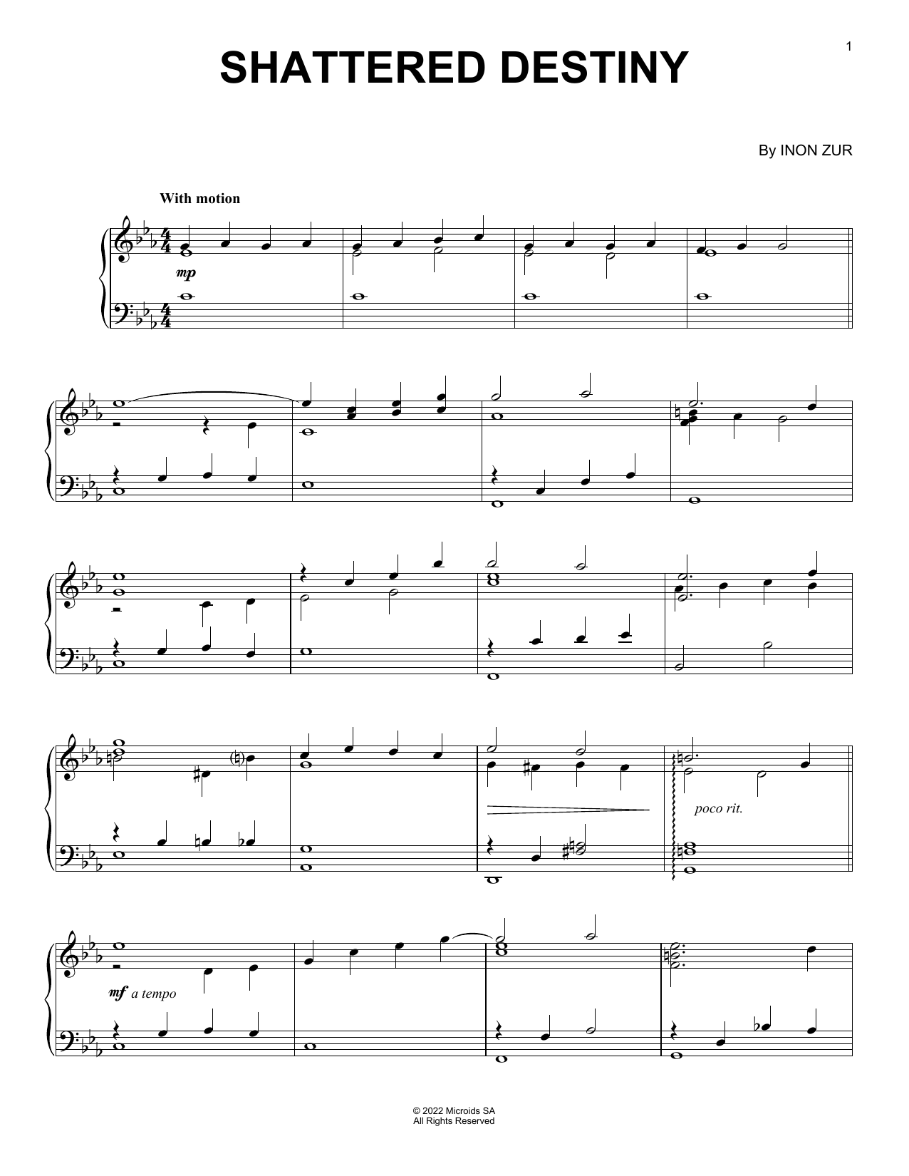 Inon Zur Shattered Destiny (from Syberia: The World Before) Sheet Music Notes & Chords for Piano Solo - Download or Print PDF