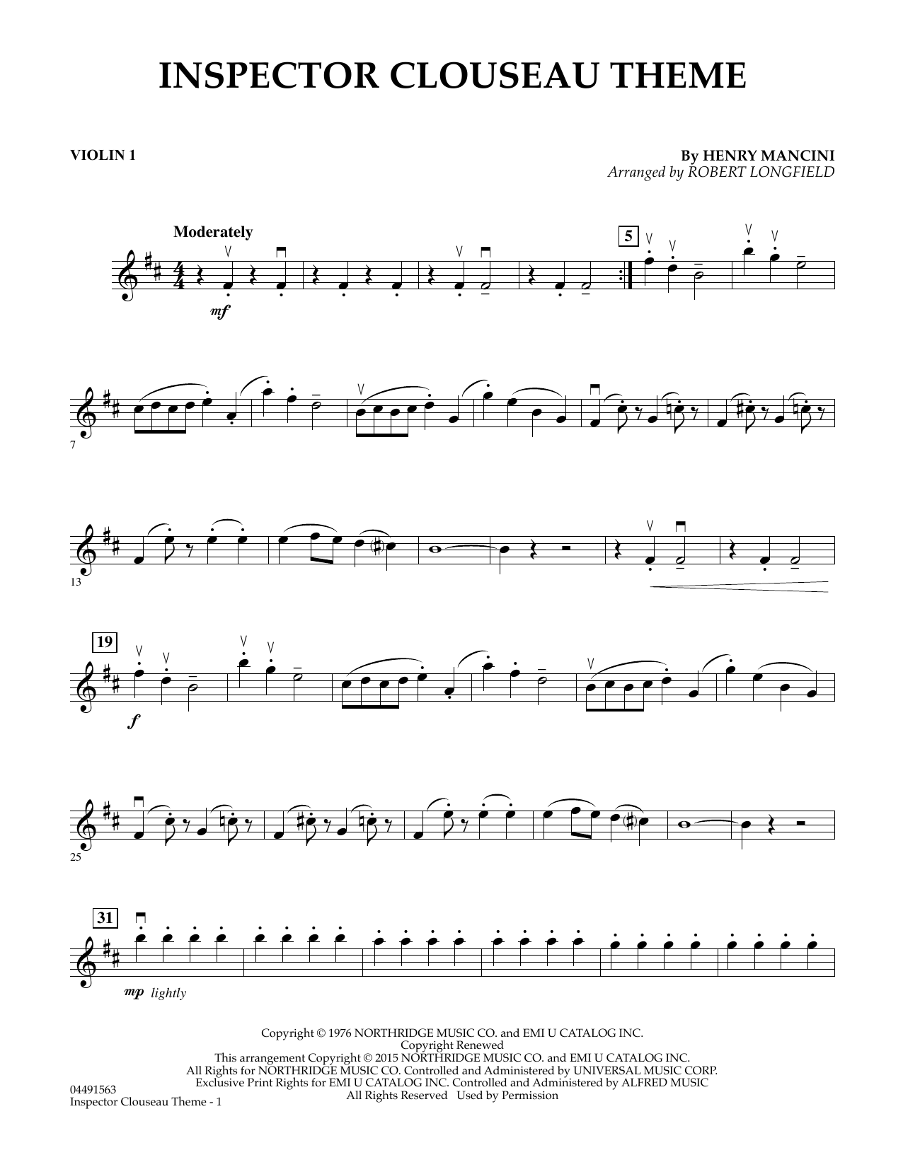 Robert Longfield Inspector Clouseau Theme From The Pink Panther Strikes Again Violin 1 Sheet Music Download Pdf Score 346891