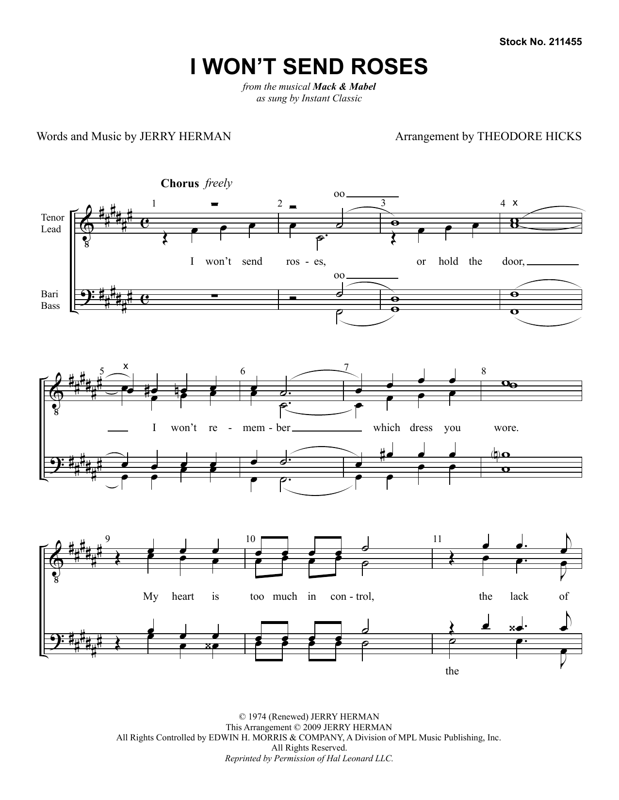 Instant Classic I Won't Send Roses (from Mack & Mabel) (arr. Theodore Hicks) Sheet Music Notes & Chords for TTBB Choir - Download or Print PDF