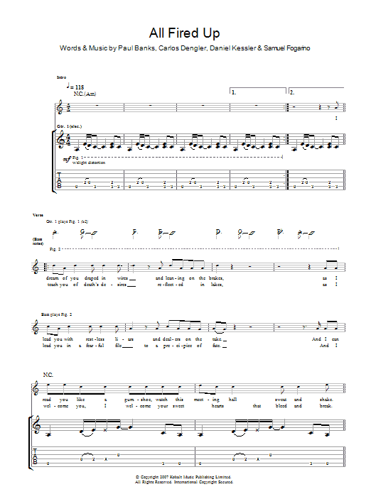 Interpol All Fired Up Sheet Music Notes & Chords for Guitar Tab - Download or Print PDF