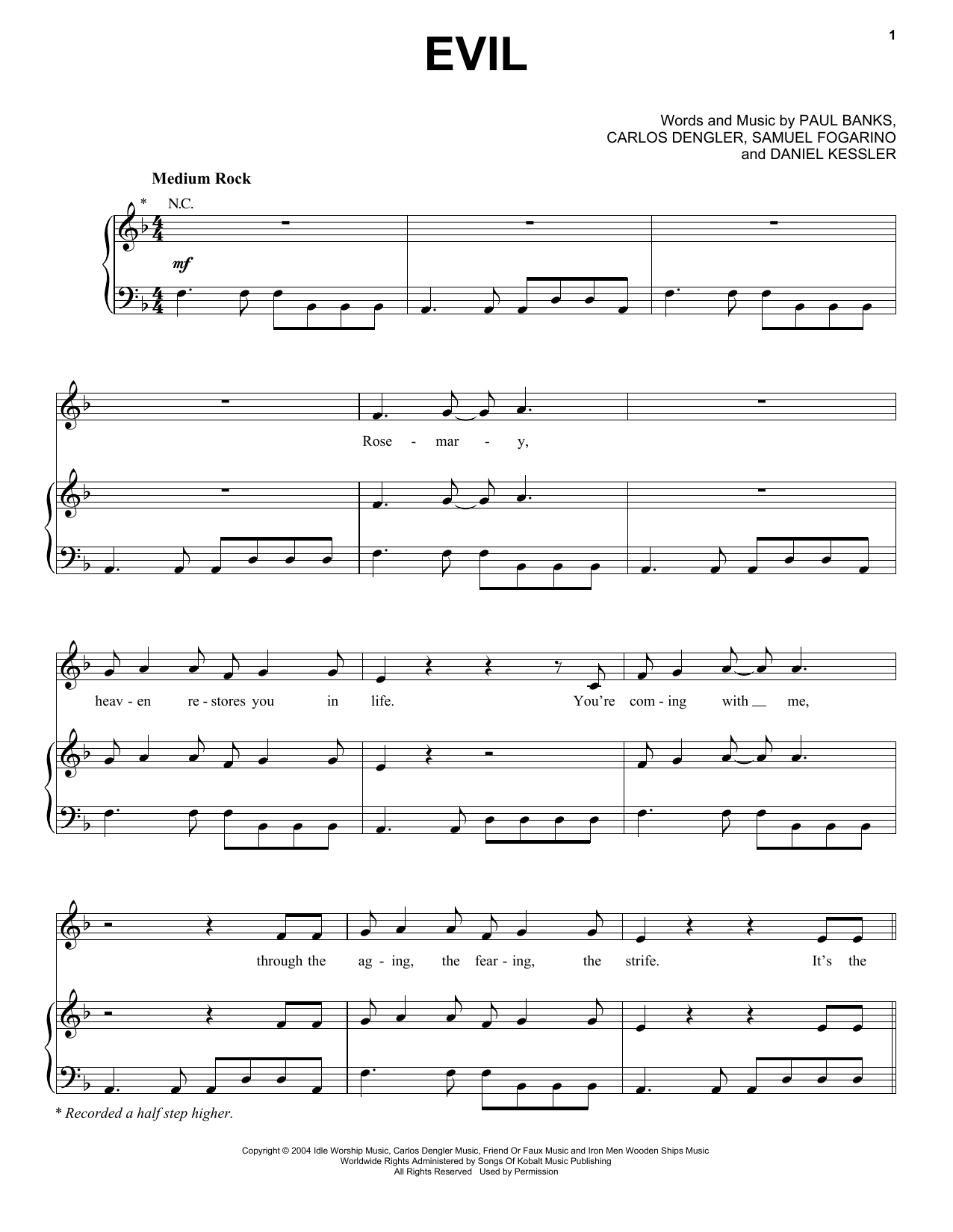 Interpol Evil Sheet Music Notes & Chords for Piano, Vocal & Guitar (Right-Hand Melody) - Download or Print PDF