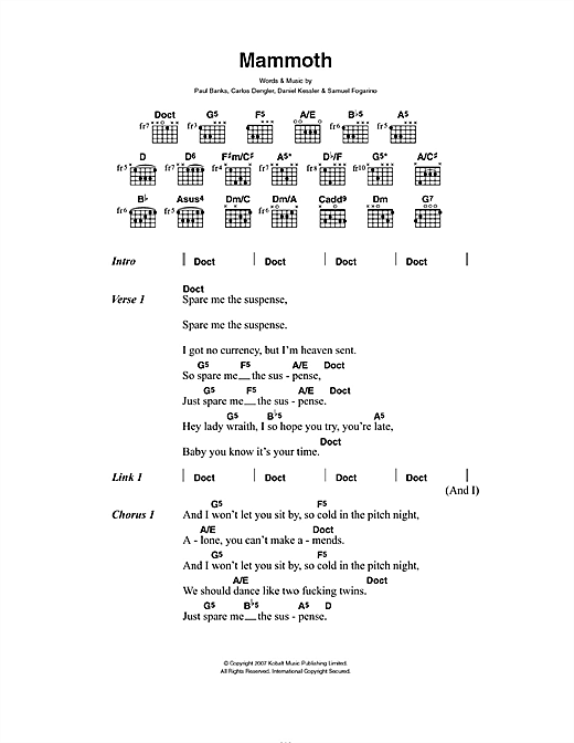 Interpol Mammoth Sheet Music Notes & Chords for Lyrics & Chords - Download or Print PDF
