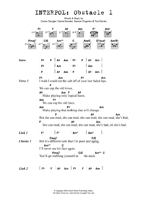 Interpol Obstacle 1 Sheet Music Notes & Chords for Lyrics & Chords - Download or Print PDF