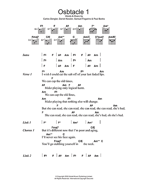 Interpol Obstacle 1 Sheet Music Notes & Chords for Lyrics & Chords - Download or Print PDF