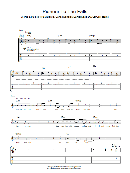 Interpol Pioneer To The Falls Sheet Music Notes & Chords for Guitar Tab - Download or Print PDF