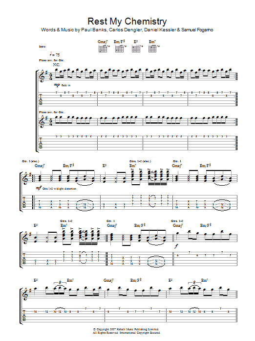 Interpol Rest My Chemistry Sheet Music Notes & Chords for Guitar Tab - Download or Print PDF