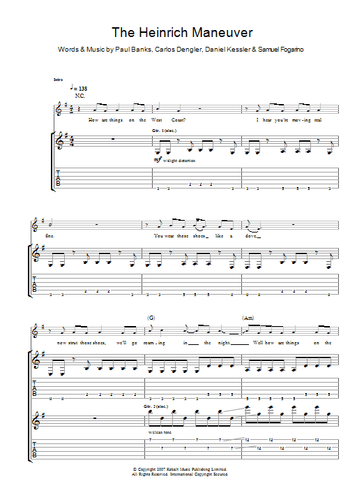 Interpol The Heinrich Maneuver Sheet Music Notes & Chords for Guitar Tab - Download or Print PDF