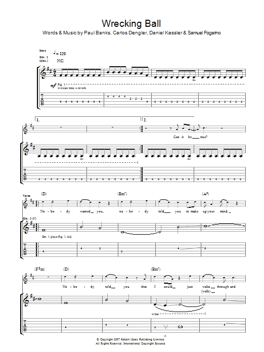 Interpol Wrecking Ball Sheet Music Notes & Chords for Guitar Tab - Download or Print PDF