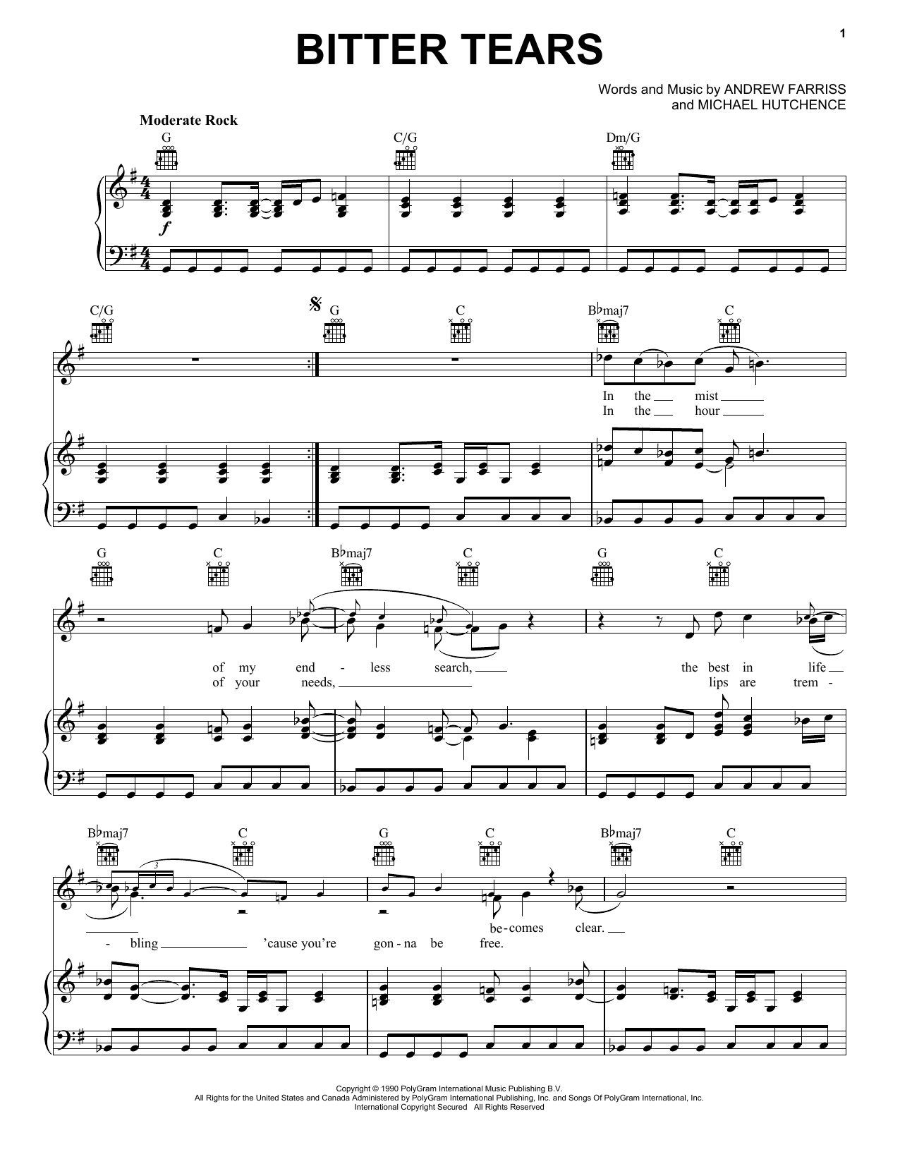 INXS Bitter Tears Sheet Music Notes & Chords for Piano, Vocal & Guitar Chords (Right-Hand Melody) - Download or Print PDF