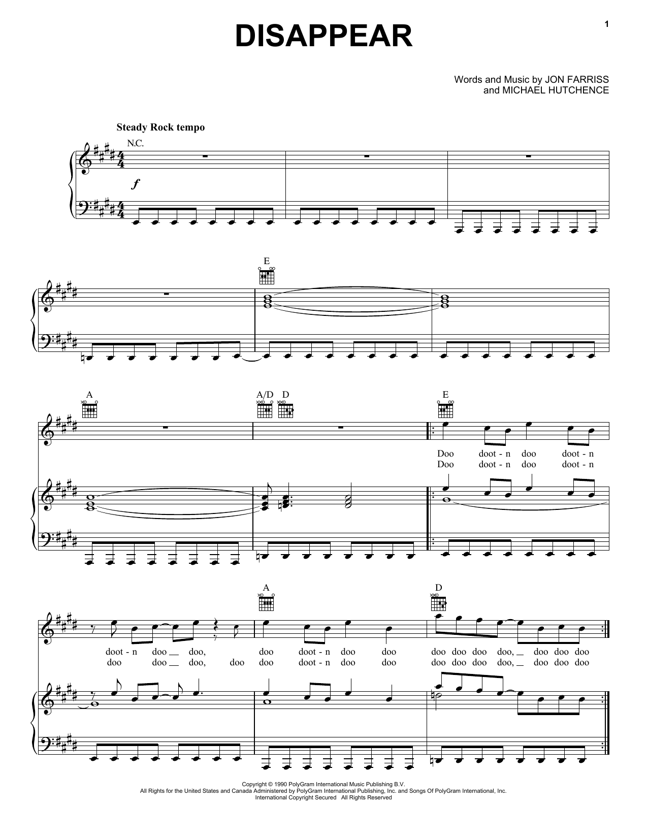 INXS Disappear Sheet Music Notes & Chords for Piano, Vocal & Guitar Chords (Right-Hand Melody) - Download or Print PDF