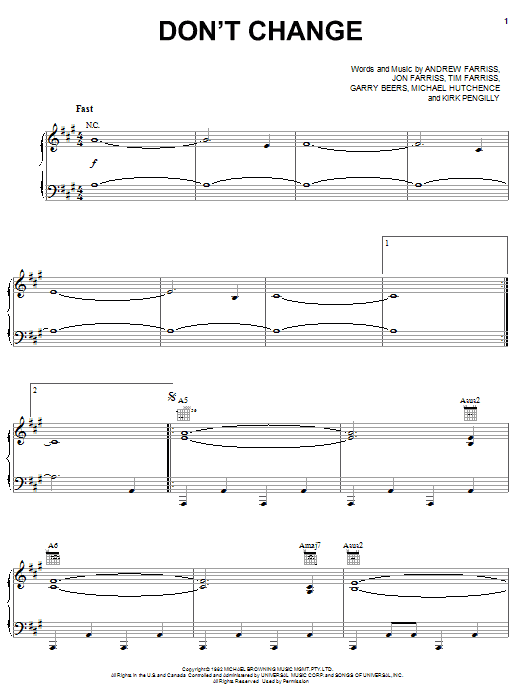 INXS Don't Change Sheet Music Notes & Chords for Easy Guitar Tab - Download or Print PDF