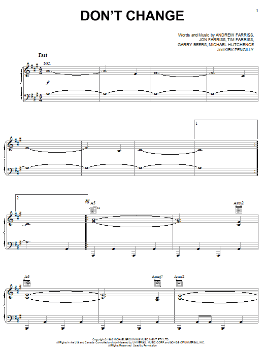 INXS Don't Change Sheet Music Notes & Chords for Piano, Vocal & Guitar (Right-Hand Melody) - Download or Print PDF