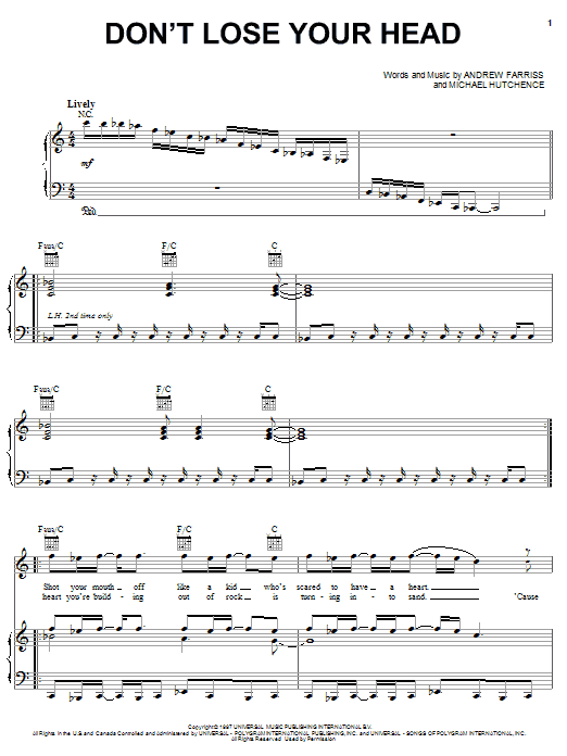 INXS Don't Lose Your Head Sheet Music Notes & Chords for Piano, Vocal & Guitar (Right-Hand Melody) - Download or Print PDF