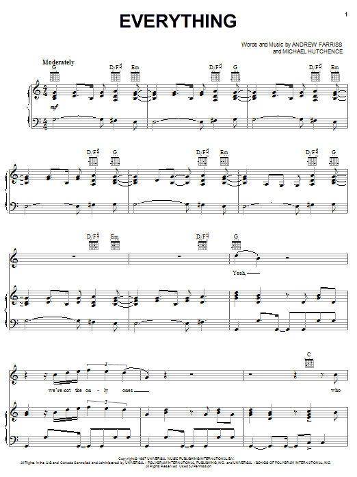 INXS Everything Sheet Music Notes & Chords for Piano, Vocal & Guitar (Right-Hand Melody) - Download or Print PDF