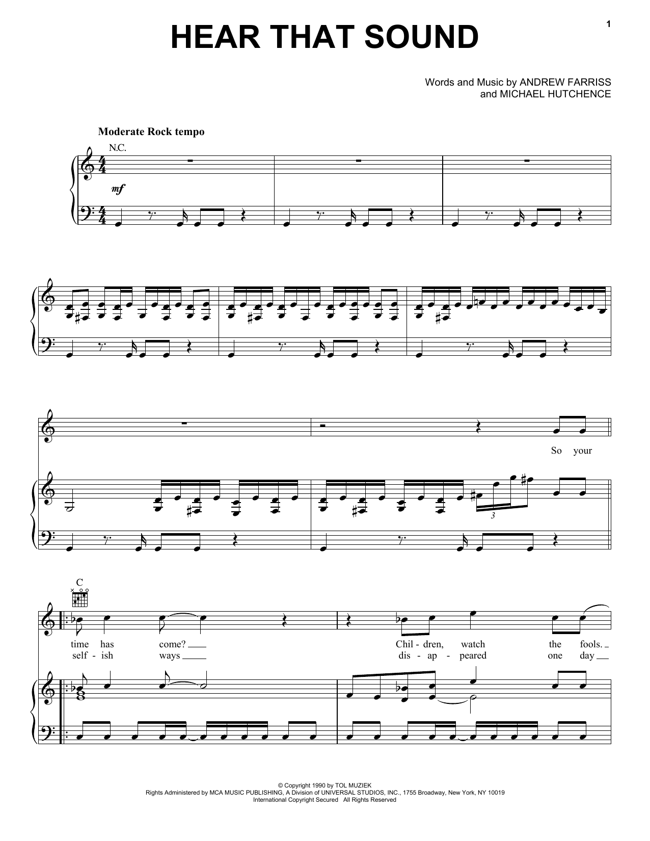 INXS Hear That Sound Sheet Music Notes & Chords for Piano, Vocal & Guitar Chords (Right-Hand Melody) - Download or Print PDF