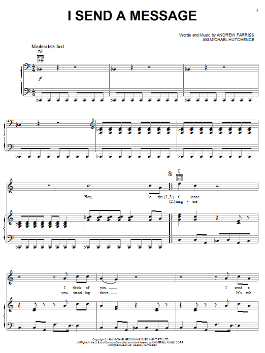 INXS I Send A Message Sheet Music Notes & Chords for Piano, Vocal & Guitar - Download or Print PDF