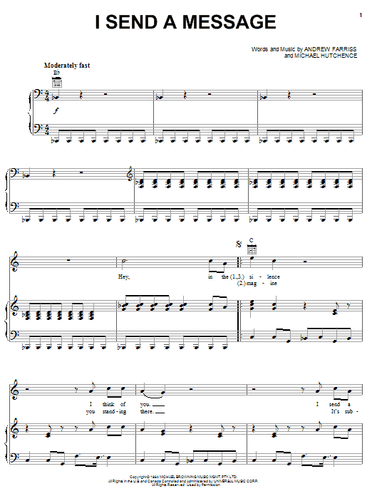 INXS I Send A Message Sheet Music Notes & Chords for Piano, Vocal & Guitar (Right-Hand Melody) - Download or Print PDF