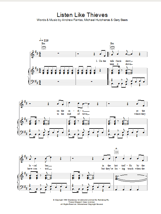 INXS Listen Like Thieves Sheet Music Notes & Chords for Piano, Vocal & Guitar - Download or Print PDF INXS Listen Like Thieves Sheet Music Notes & Chords for Piano, Vocal & Guitar - Download or Print PDF