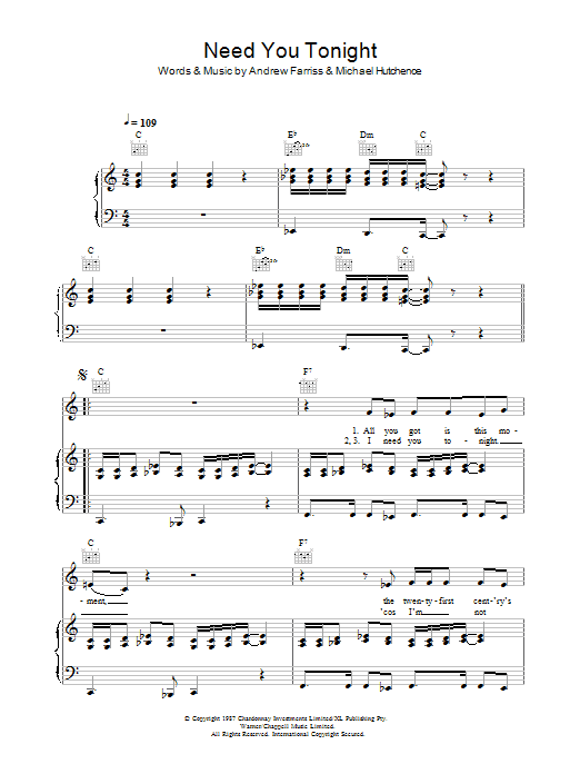 INXS Need You Tonight Sheet Music Notes & Chords for Piano, Vocal & Guitar - Download or Print PDF