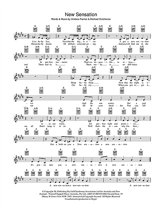 Preview INXS New Sensation Rock sheet music, notes and chords for Lyrics & Chords, SKU: 48140 New Sensation sheet music