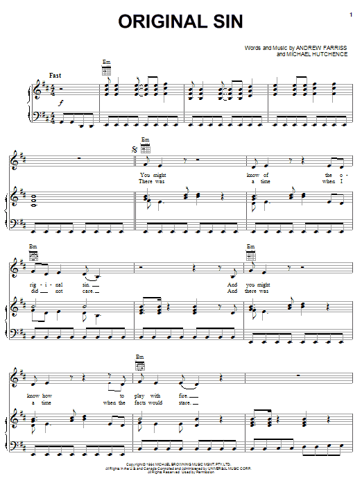 INXS Original Sin Sheet Music Notes & Chords for Piano, Vocal & Guitar (Right-Hand Melody) - Download or Print PDF