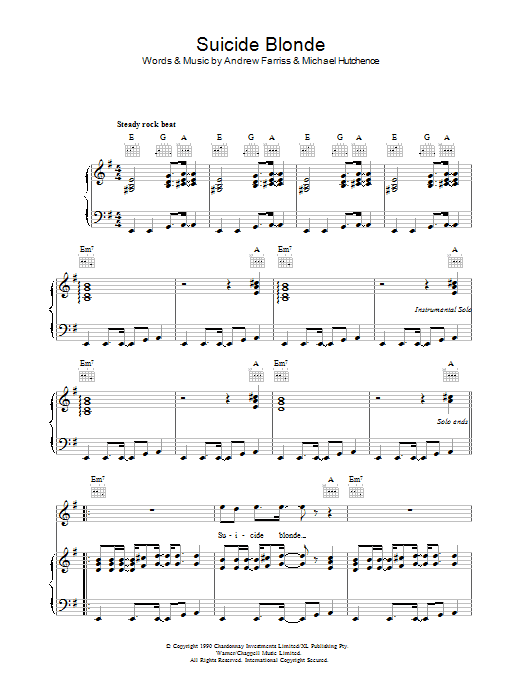 INXS Suicide Blonde Sheet Music Notes & Chords for Piano, Vocal & Guitar Chords (Right-Hand Melody) - Download or Print PDF