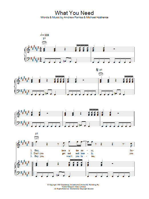 INXS What You Need Sheet Music Notes & Chords for Piano, Vocal & Guitar (Right-Hand Melody) - Download or Print PDF