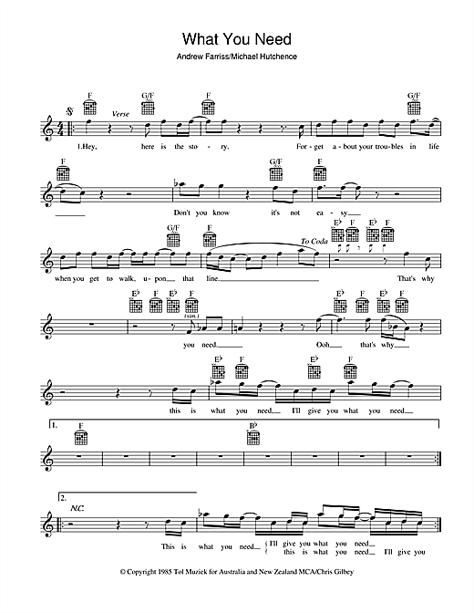 Preview INXS What You Need Rock sheet music, notes and chords for Piano, Vocal & Guitar (Right-Hand Melody), SKU: 92033 What You Need sheet music