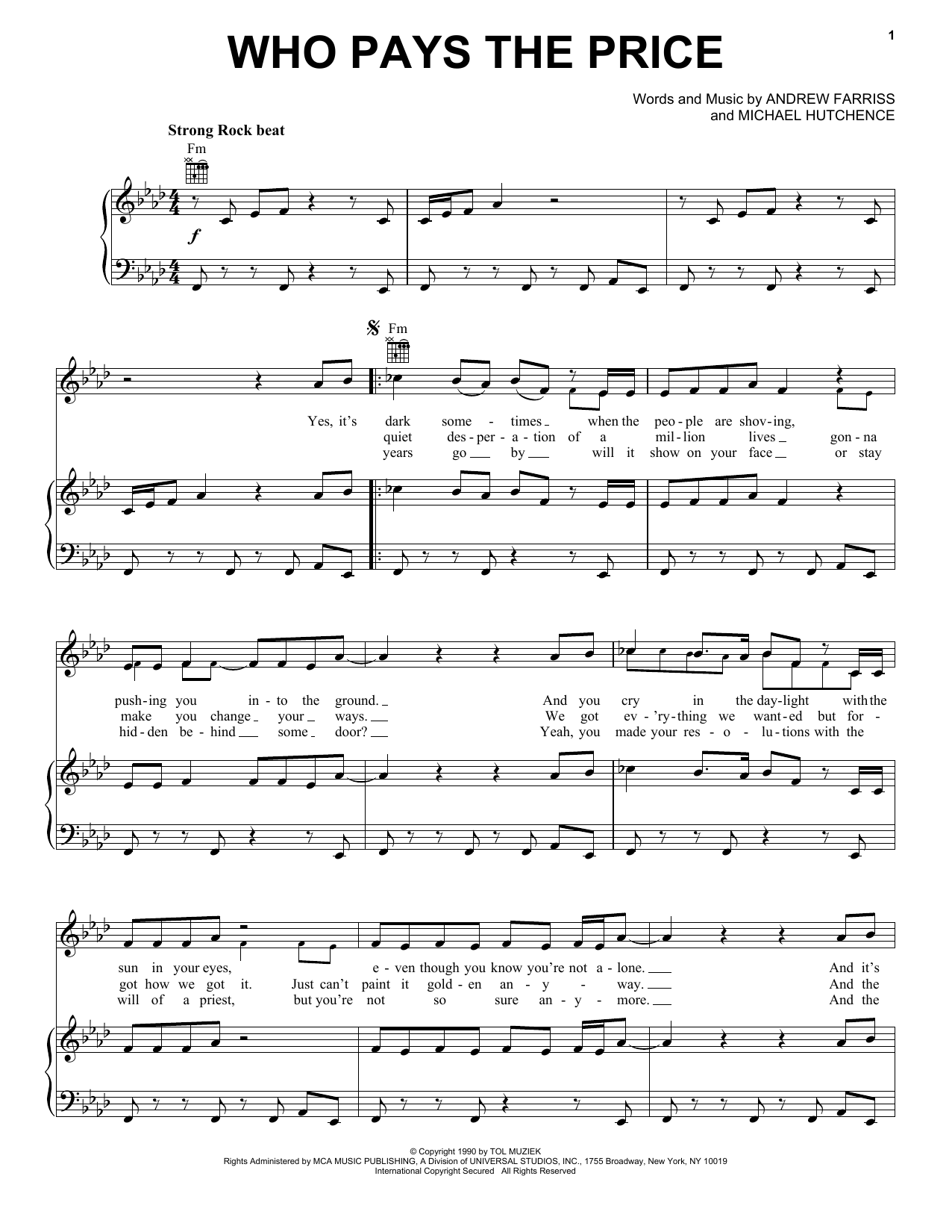 INXS Who Pays The Price Sheet Music Notes & Chords for Piano, Vocal & Guitar Chords (Right-Hand Melody) - Download or Print PDF